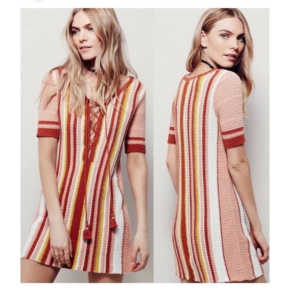 Free People Lollypop Crochet Mini Dress XS Striped Retro Bohemian Sunset‎ 70's